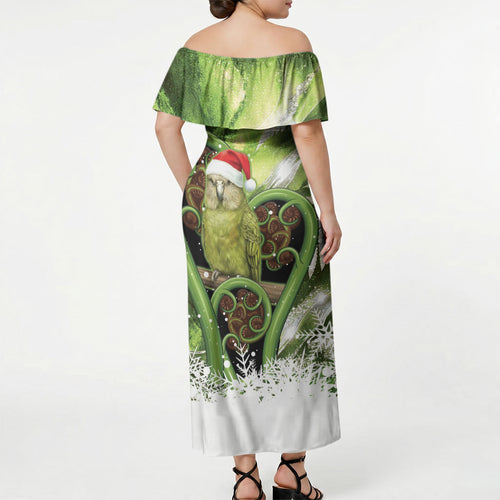 Kakapo New Zealand Christmas In July Off Shoulder Maxi Dress NZ Aroha Koru Fern Marble Vibes