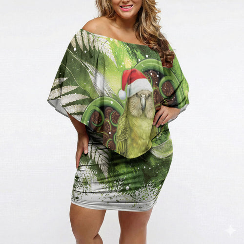 Kakapo New Zealand Christmas In July Off Shoulder Short Dress NZ Aroha Koru Fern Marble Vibes