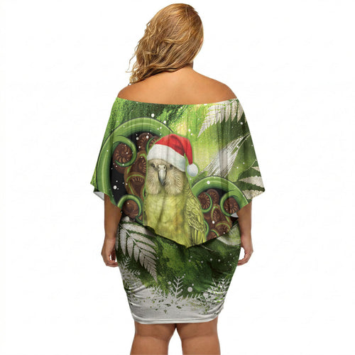 Kakapo New Zealand Christmas In July Off Shoulder Short Dress NZ Aroha Koru Fern Marble Vibes