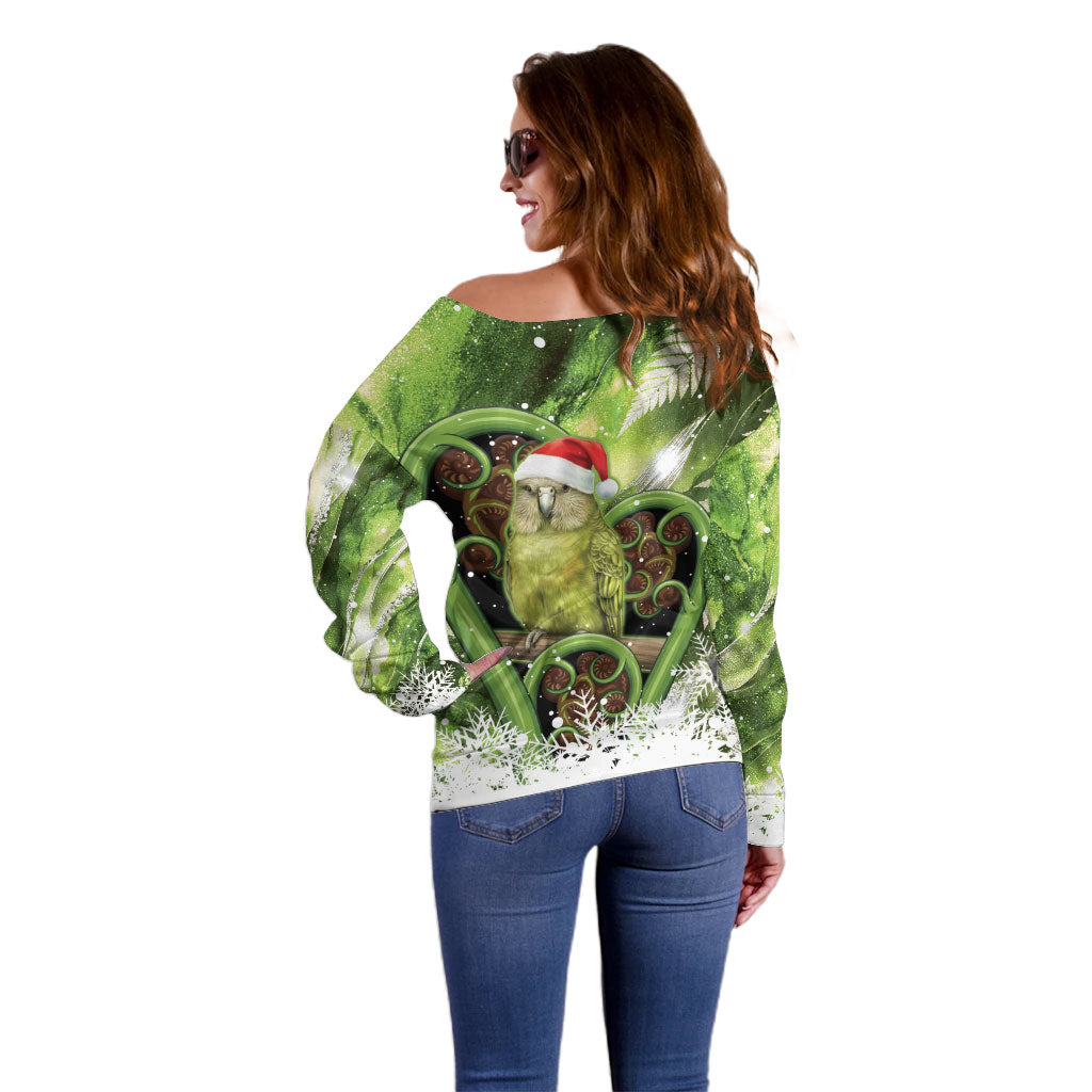 Kakapo New Zealand Christmas In July Off Shoulder Sweater NZ Aroha Koru Fern Marble Vibes