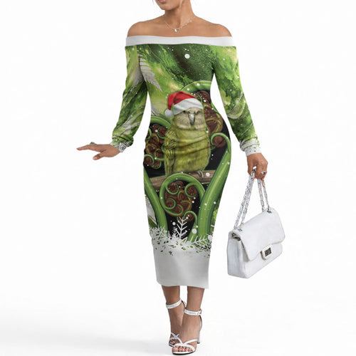 Kakapo New Zealand Christmas In July Off The Shoulder Long Sleeve Dress NZ Aroha Koru Fern Marble Vibes