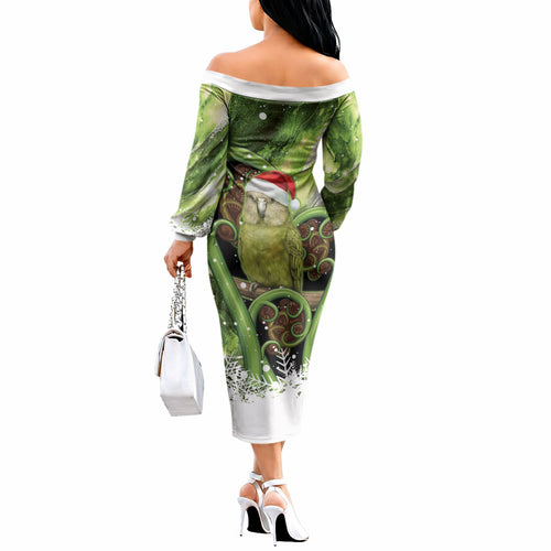 Kakapo New Zealand Christmas In July Off The Shoulder Long Sleeve Dress NZ Aroha Koru Fern Marble Vibes