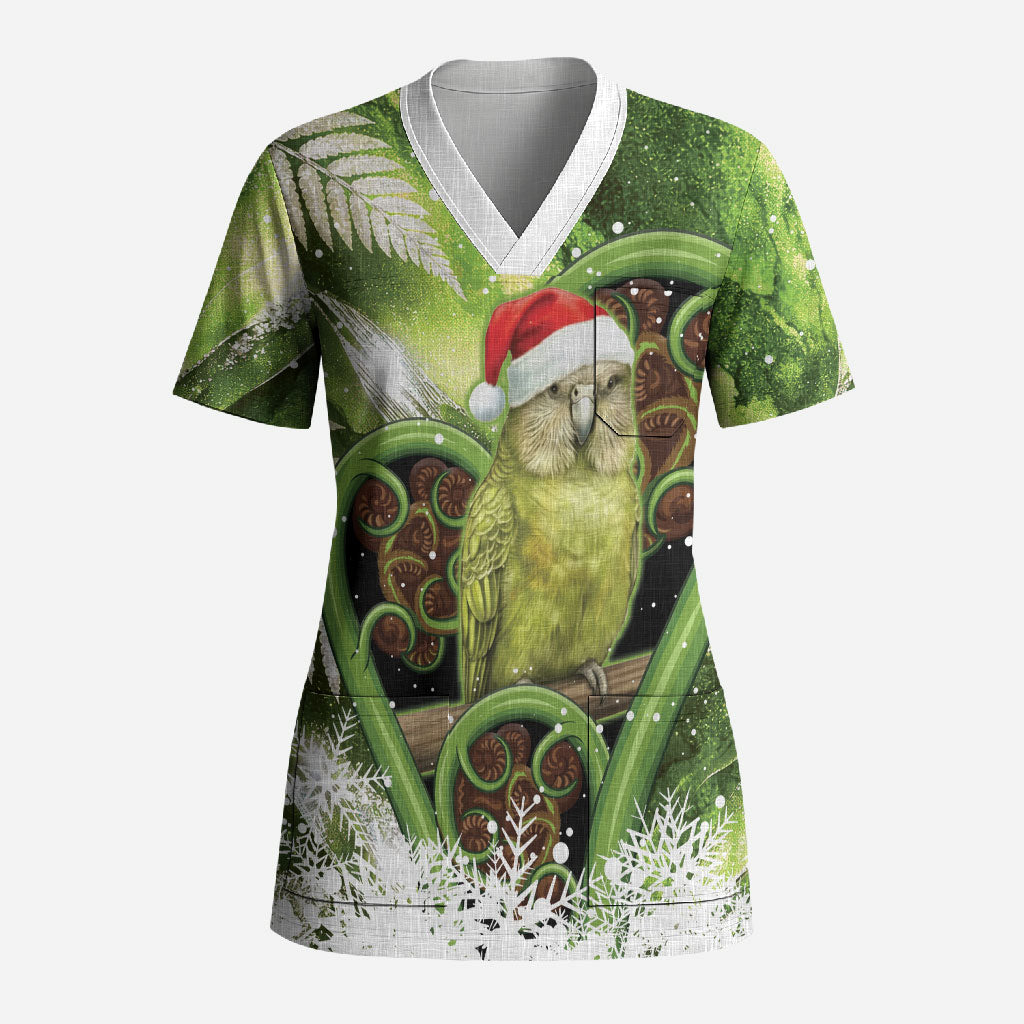 Kakapo New Zealand Christmas In July Scrub Top NZ Aroha Koru Fern Marble Vibes
