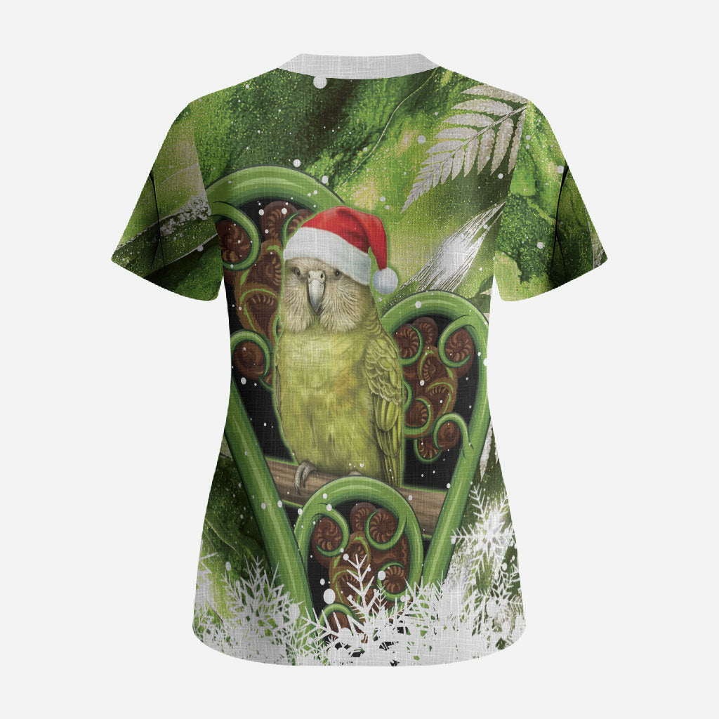 Kakapo New Zealand Christmas In July Scrub Top NZ Aroha Koru Fern Marble Vibes