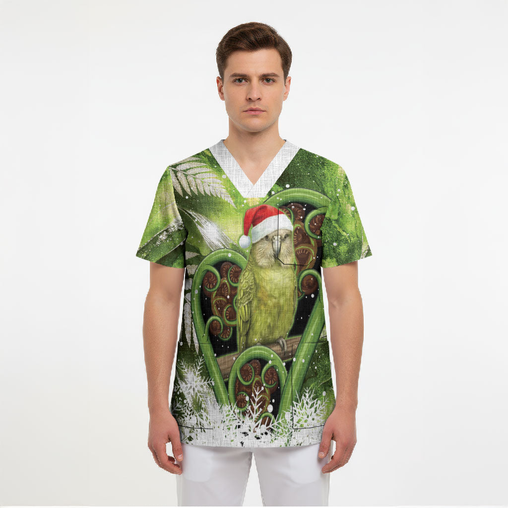 Kakapo New Zealand Christmas In July Scrub Top NZ Aroha Koru Fern Marble Vibes