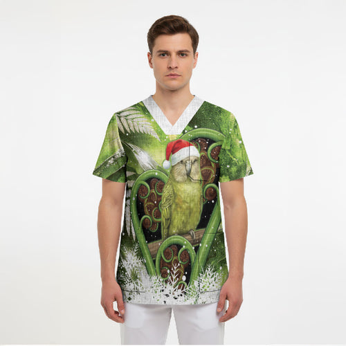 Kakapo New Zealand Christmas In July Scrub Top NZ Aroha Koru Fern Marble Vibes