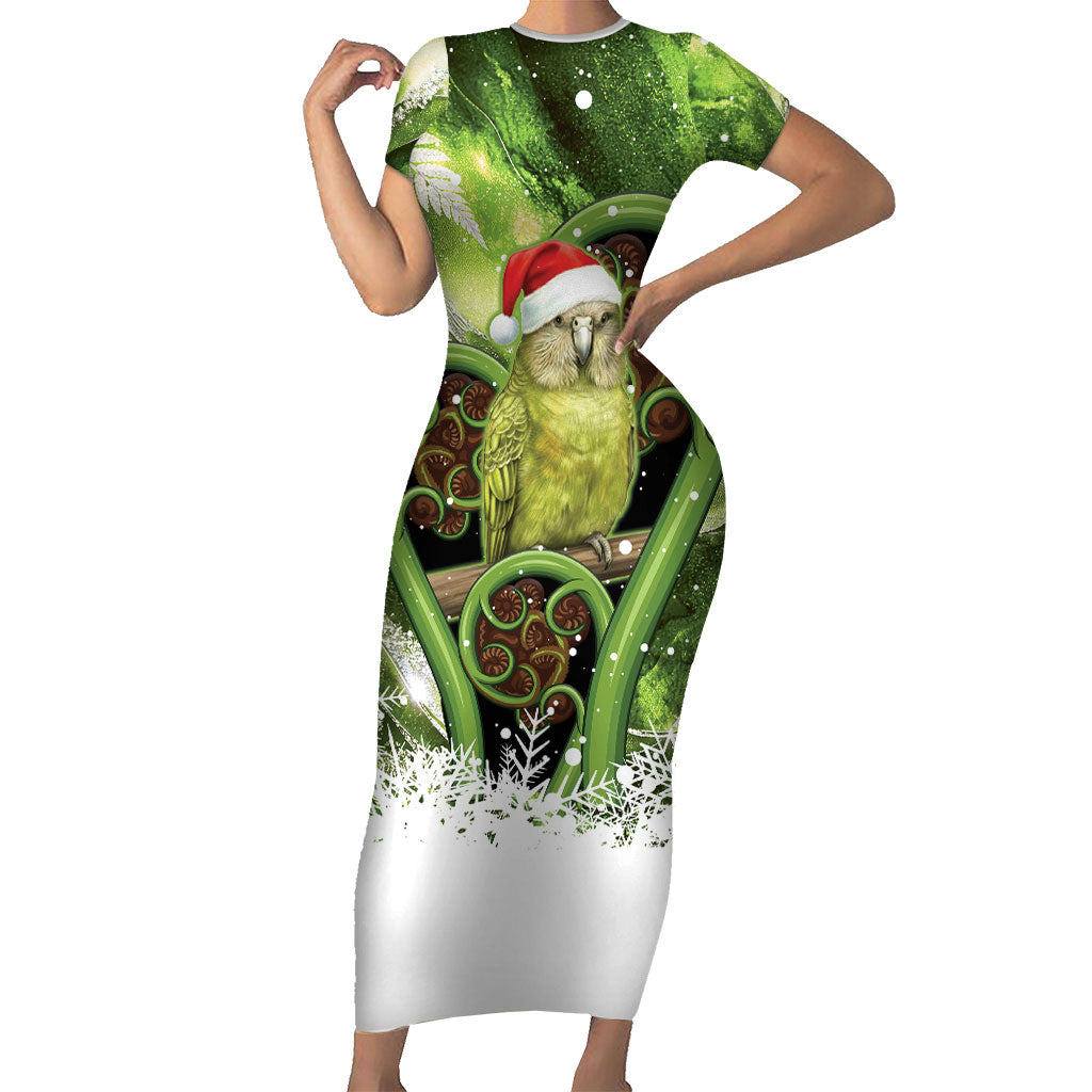 Kakapo New Zealand Christmas In July Short Sleeve Bodycon Dress NZ Aroha Koru Fern Marble Vibes