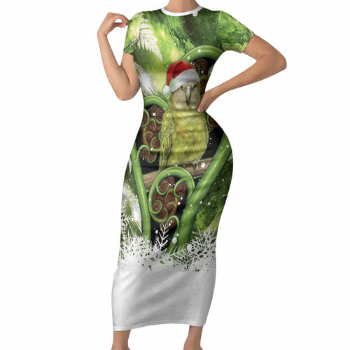 Kakapo New Zealand Christmas In July Short Sleeve Bodycon Dress NZ Aroha Koru Fern Marble Vibes