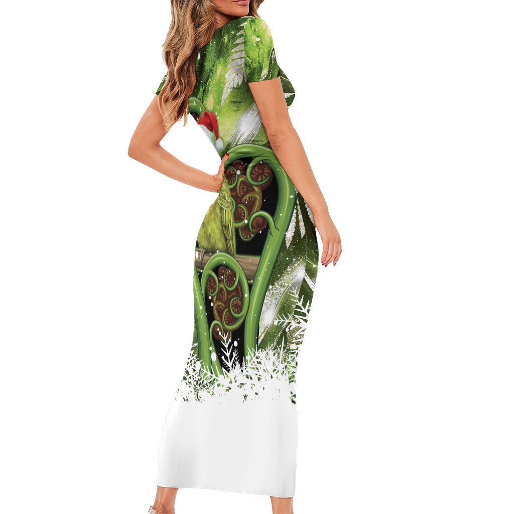 Kakapo New Zealand Christmas In July Short Sleeve Bodycon Dress NZ Aroha Koru Fern Marble Vibes
