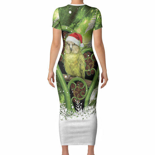 Kakapo New Zealand Christmas In July Short Sleeve Bodycon Dress NZ Aroha Koru Fern Marble Vibes