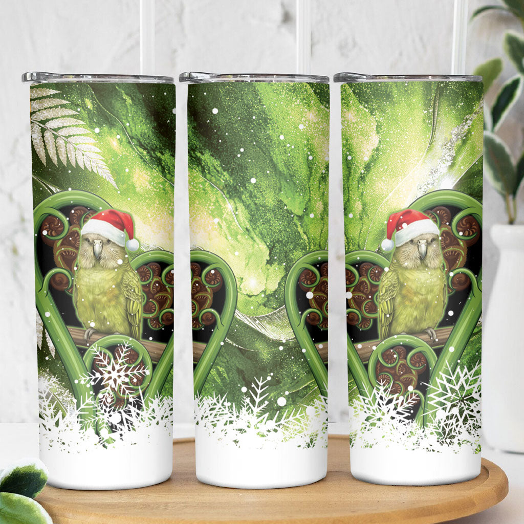 Kakapo New Zealand Christmas In July Skinny Tumbler NZ Aroha Koru Fern Marble Vibes