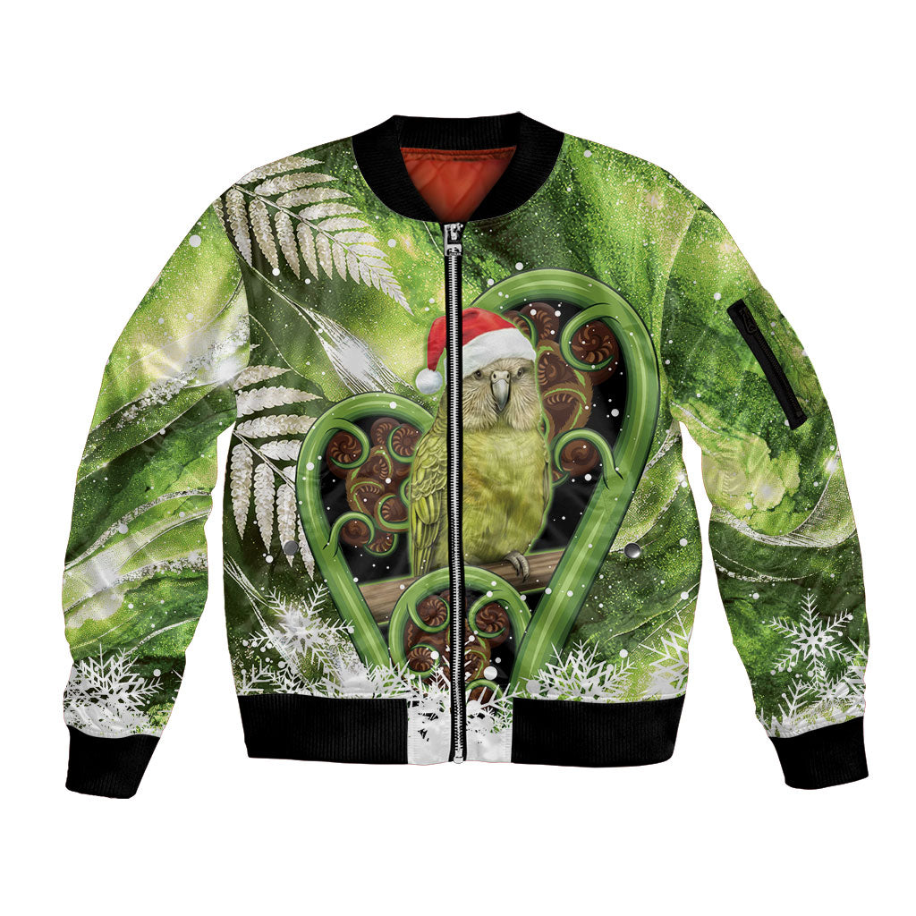 Kakapo New Zealand Christmas In July Sleeve Zip Bomber Jacket NZ Aroha Koru Fern Marble Vibes