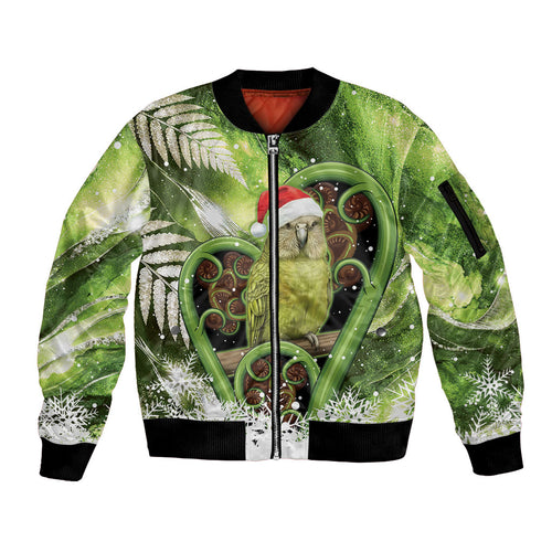 Kakapo New Zealand Christmas In July Sleeve Zip Bomber Jacket NZ Aroha Koru Fern Marble Vibes