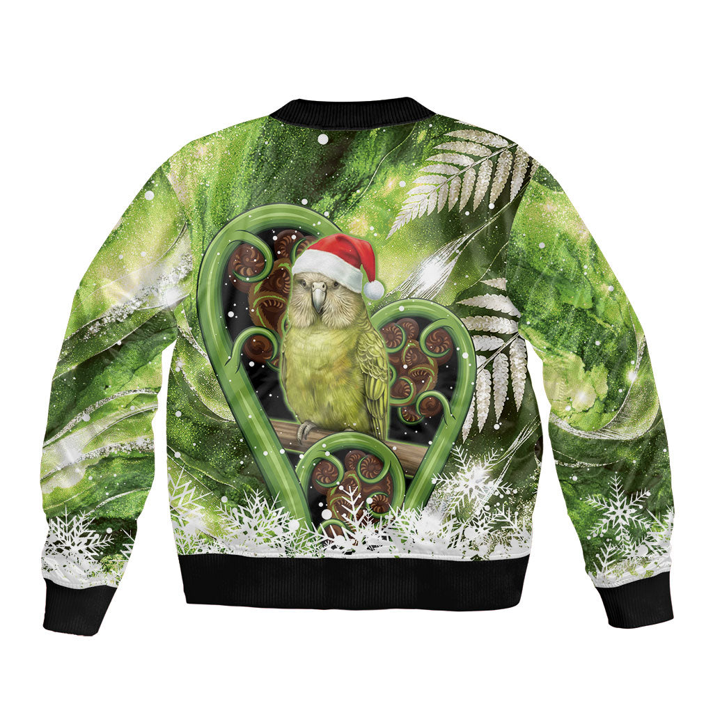 Kakapo New Zealand Christmas In July Sleeve Zip Bomber Jacket NZ Aroha Koru Fern Marble Vibes