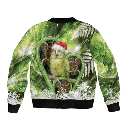 Kakapo New Zealand Christmas In July Sleeve Zip Bomber Jacket NZ Aroha Koru Fern Marble Vibes
