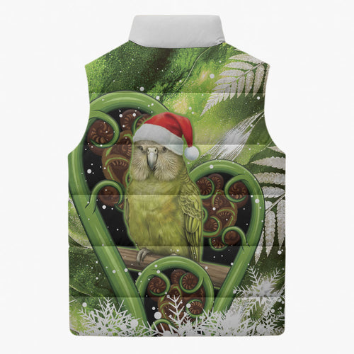 Kakapo New Zealand Christmas In July Sleeveless Puffer Jacket NZ Aroha Koru Fern Marble Vibes