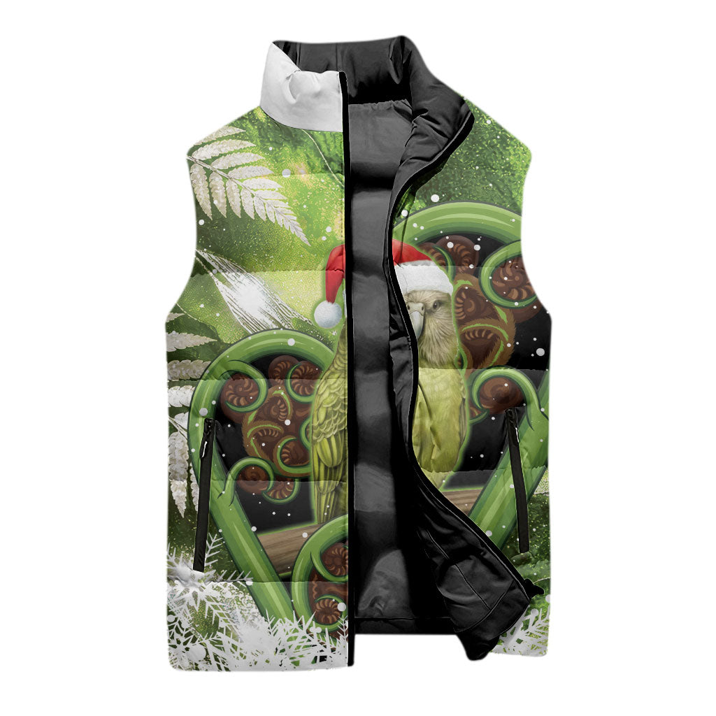 Kakapo New Zealand Christmas In July Sleeveless Puffer Jacket NZ Aroha Koru Fern Marble Vibes