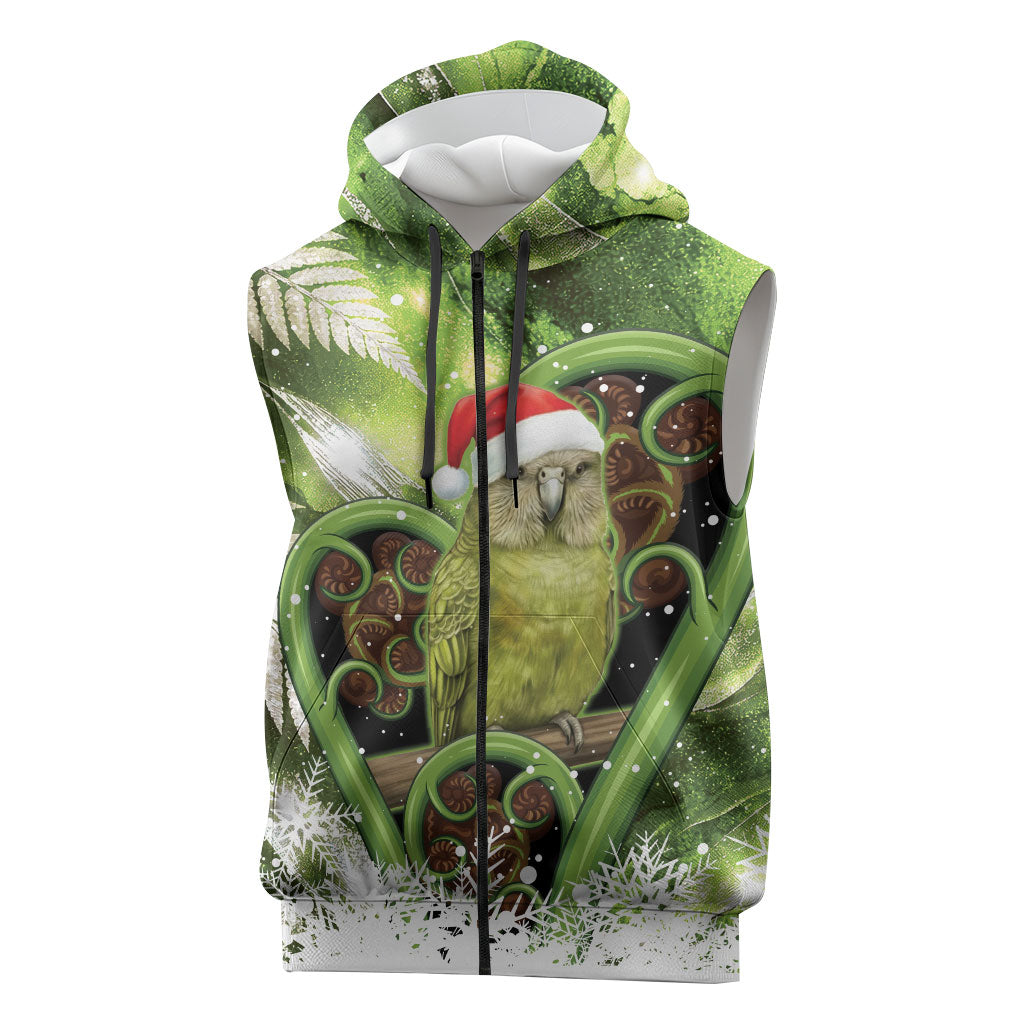 Kakapo New Zealand Christmas In July Sleeveless Zip Hoodie NZ Aroha Koru Fern Marble Vibes