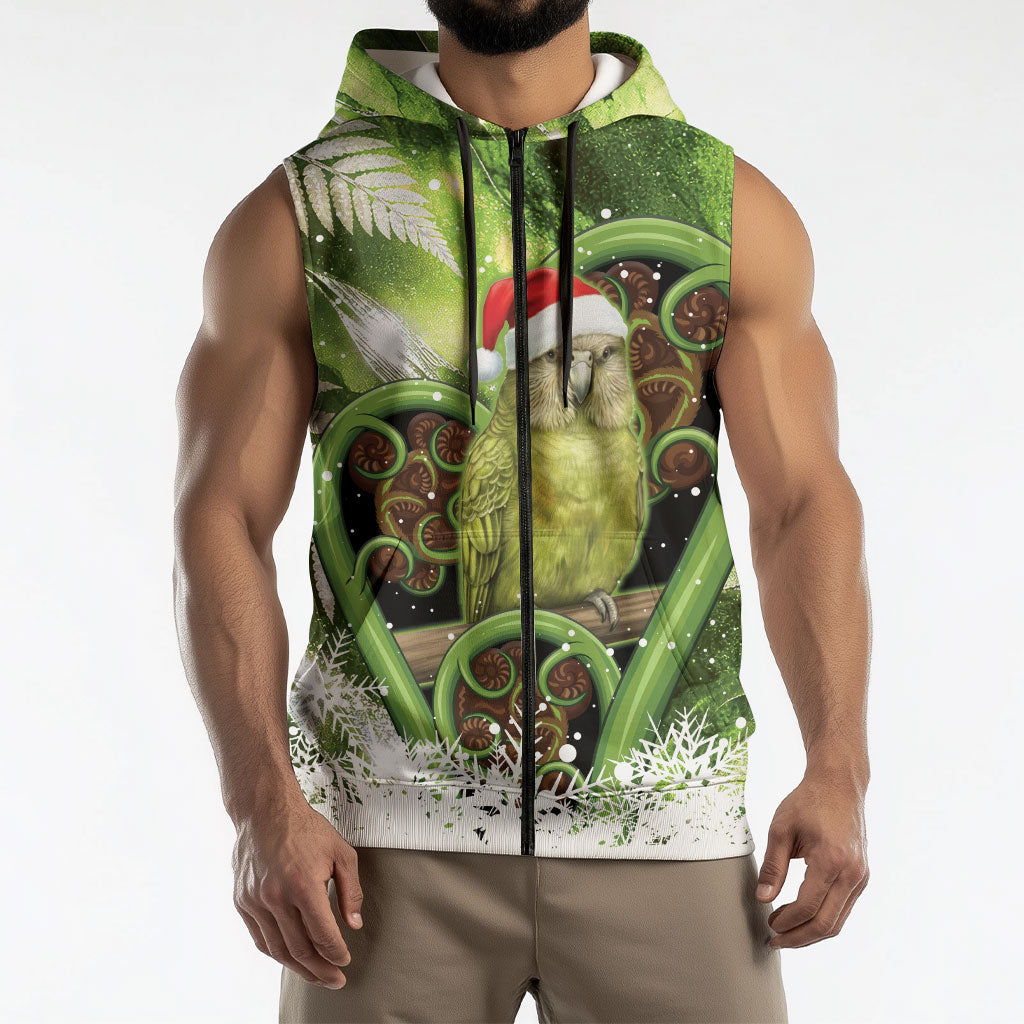 Kakapo New Zealand Christmas In July Sleeveless Zip Hoodie NZ Aroha Koru Fern Marble Vibes