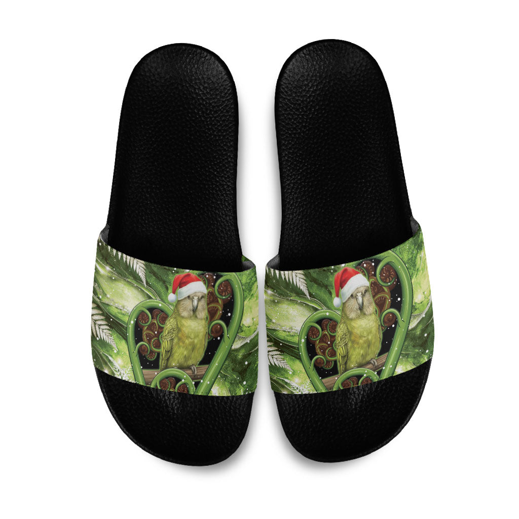 Kakapo New Zealand Christmas In July Slide Sandals NZ Aroha Koru Fern Marble Vibes