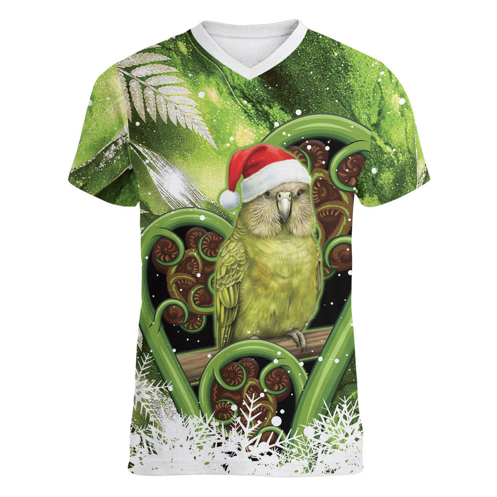 Kakapo New Zealand Christmas In July Women V-Neck T-Shirt NZ Aroha Koru Fern Marble Vibes