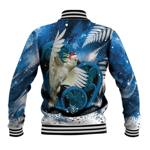 Sulphur-crested Cockatoo New Zealand Christmas In July Baseball Jacket NZ Aroha Koru Fern Marble Vibes
