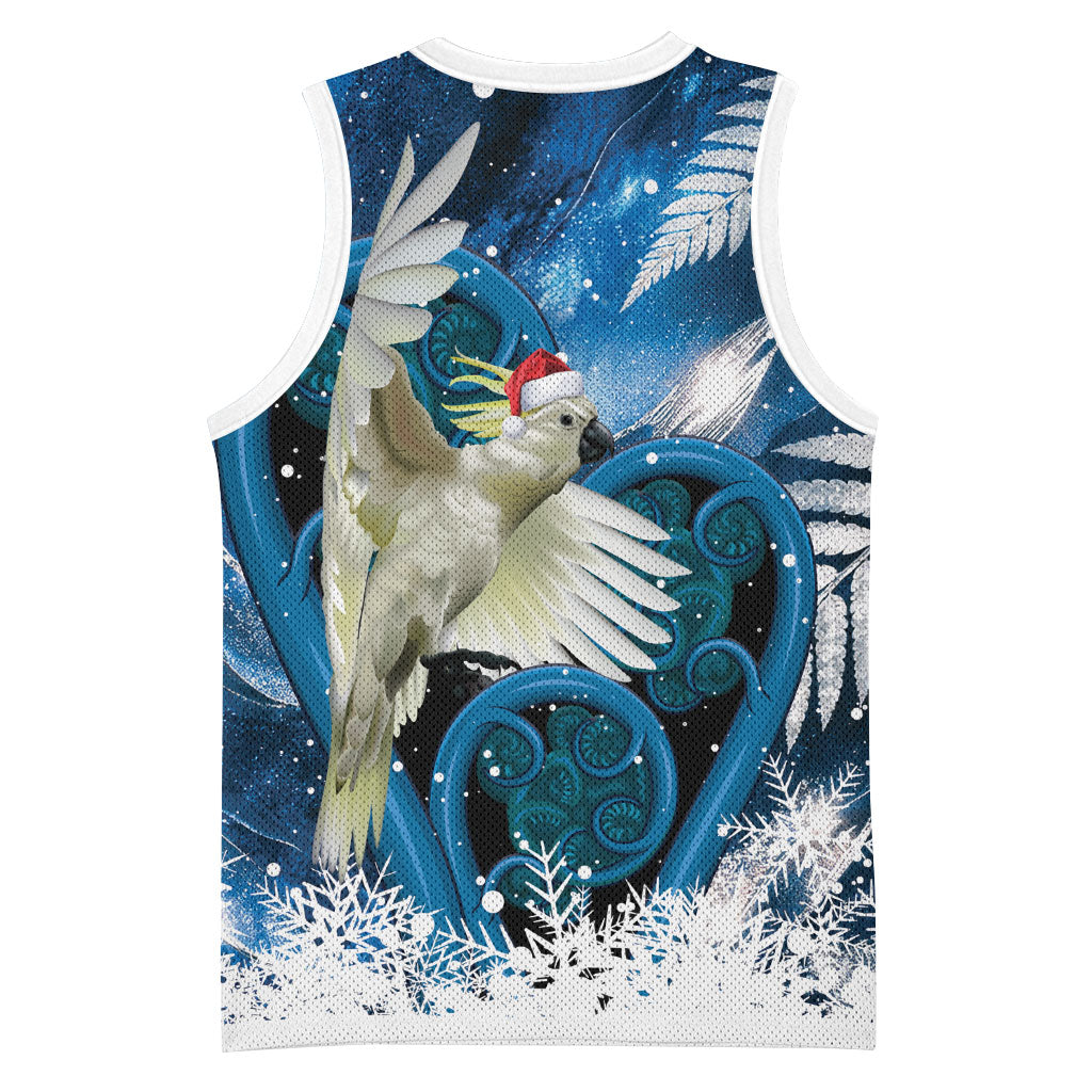 Sulphur-crested Cockatoo New Zealand Christmas In July Basketball Jersey NZ Aroha Koru Fern Marble Vibes