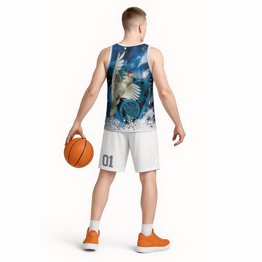 Sulphur-crested Cockatoo New Zealand Christmas In July Basketball Jersey NZ Aroha Koru Fern Marble Vibes