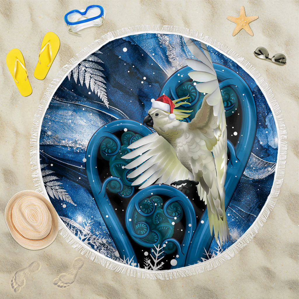 Sulphur-crested Cockatoo New Zealand Christmas In July Beach Blanket NZ Aroha Koru Fern Marble Vibes
