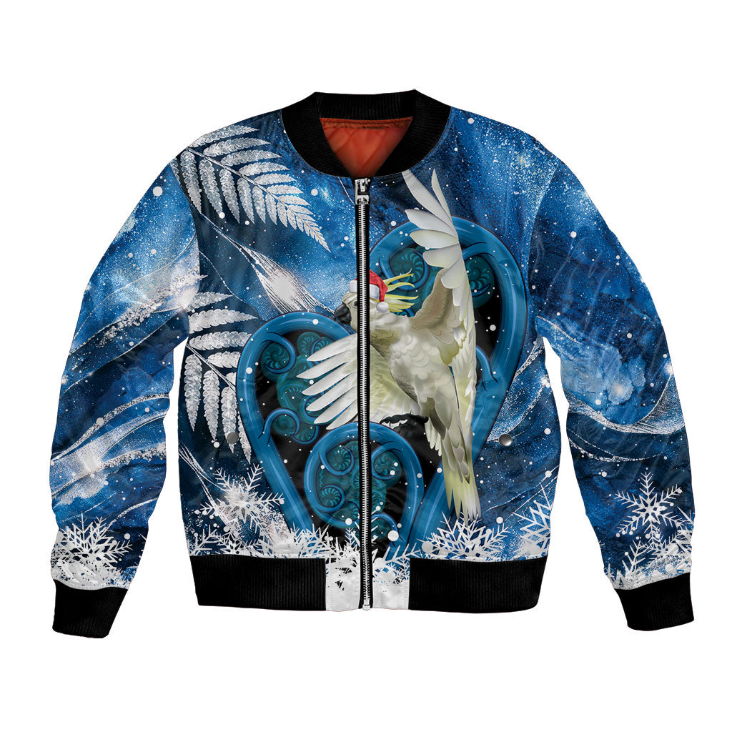 Sulphur-crested Cockatoo New Zealand Christmas In July Bomber Jacket NZ Aroha Koru Fern Marble Vibes