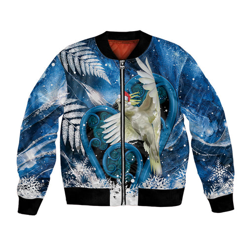 Sulphur-crested Cockatoo New Zealand Christmas In July Bomber Jacket NZ Aroha Koru Fern Marble Vibes