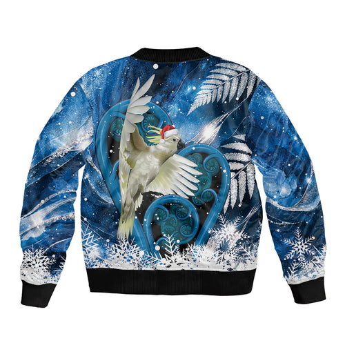 Sulphur-crested Cockatoo New Zealand Christmas In July Bomber Jacket NZ Aroha Koru Fern Marble Vibes