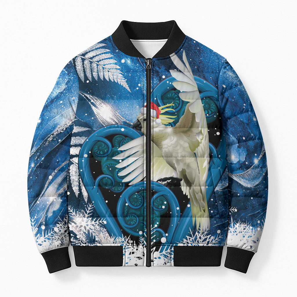 Sulphur-crested Cockatoo New Zealand Christmas In July Bomber Puffer Jacket NZ Aroha Koru Fern Marble Vibes