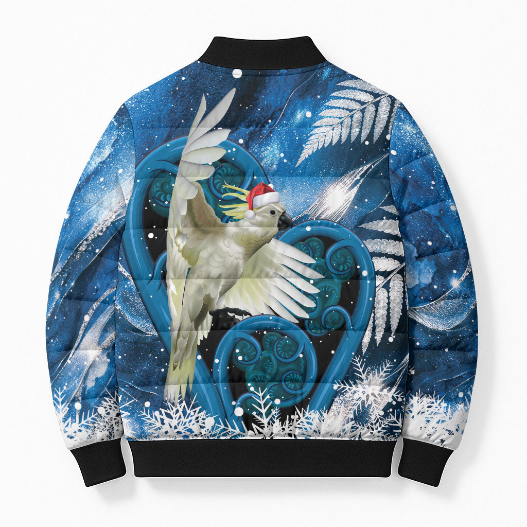 Sulphur-crested Cockatoo New Zealand Christmas In July Bomber Puffer Jacket NZ Aroha Koru Fern Marble Vibes