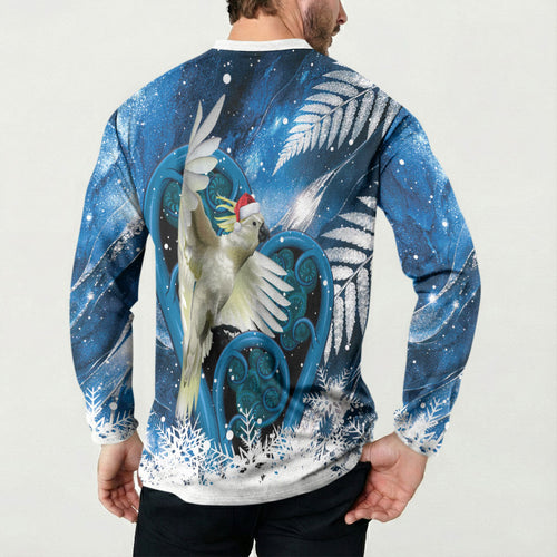 Sulphur-crested Cockatoo New Zealand Christmas In July Button Sweatshirt NZ Aroha Koru Fern Marble Vibes