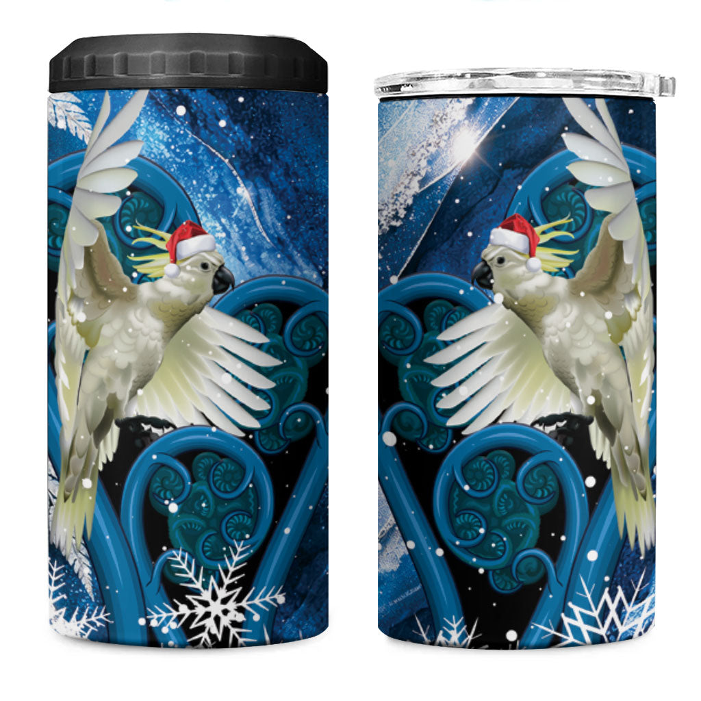 Sulphur-crested Cockatoo New Zealand Christmas In July 4 in 1 Can Cooler Tumbler NZ Aroha Koru Fern Marble Vibes
