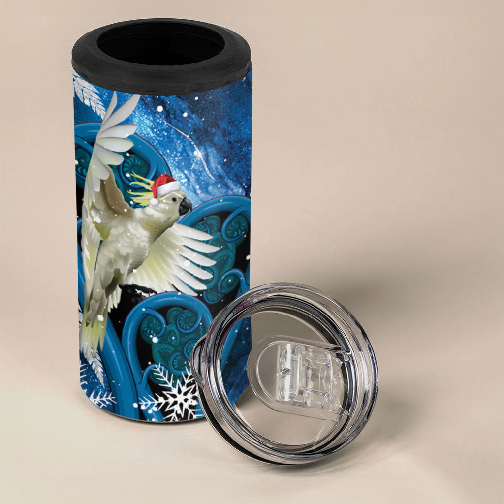 Sulphur-crested Cockatoo New Zealand Christmas In July 4 in 1 Can Cooler Tumbler NZ Aroha Koru Fern Marble Vibes
