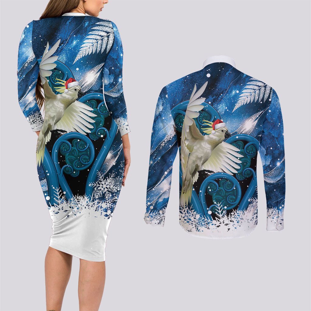 Sulphur-crested Cockatoo New Zealand Christmas In July Couples Matching Long Sleeve Bodycon Dress and Long Sleeve Button Shirt NZ Aroha Koru Fern Marble Vibes