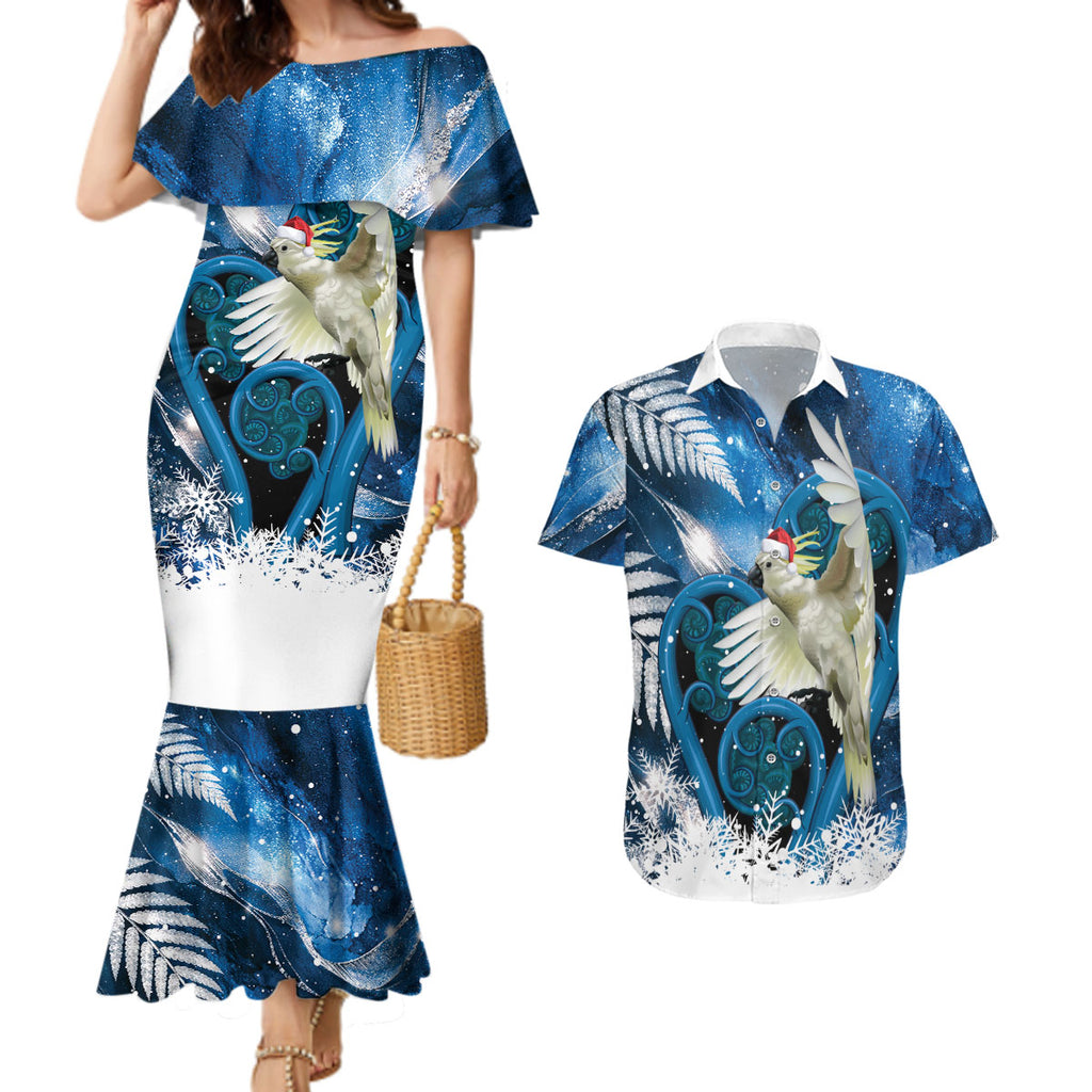 Sulphur-crested Cockatoo New Zealand Christmas In July Couples Matching Mermaid Dress and Hawaiian Shirt NZ Aroha Koru Fern Marble Vibes