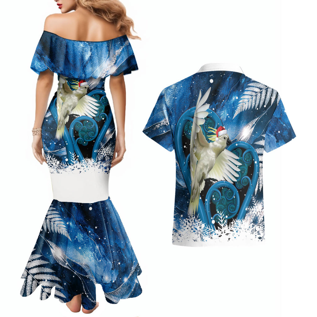 Sulphur-crested Cockatoo New Zealand Christmas In July Couples Matching Mermaid Dress and Hawaiian Shirt NZ Aroha Koru Fern Marble Vibes
