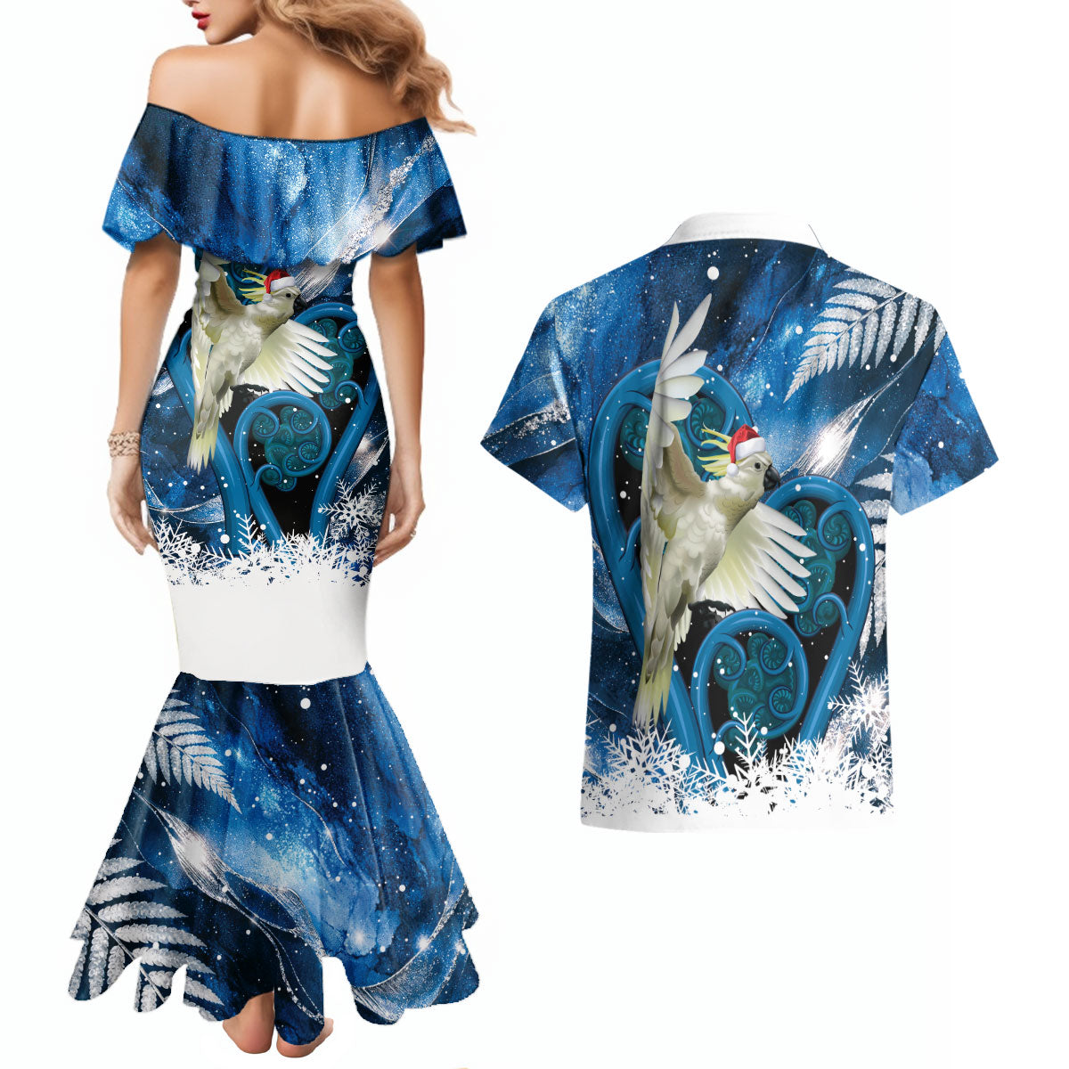 Sulphur-crested Cockatoo New Zealand Christmas In July Couples Matching Mermaid Dress and Hawaiian Shirt NZ Aroha Koru Fern Marble Vibes