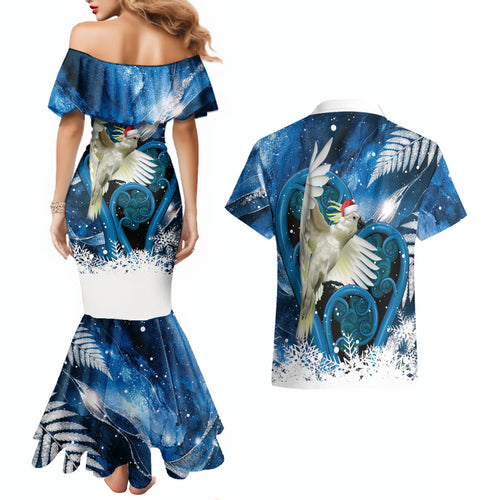 Sulphur-crested Cockatoo New Zealand Christmas In July Couples Matching Mermaid Dress and Hawaiian Shirt NZ Aroha Koru Fern Marble Vibes
