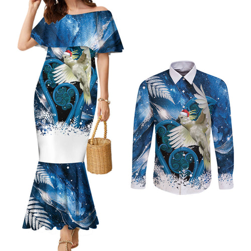 Sulphur-crested Cockatoo New Zealand Christmas In July Couples Matching Mermaid Dress and Long Sleeve Button Shirt NZ Aroha Koru Fern Marble Vibes