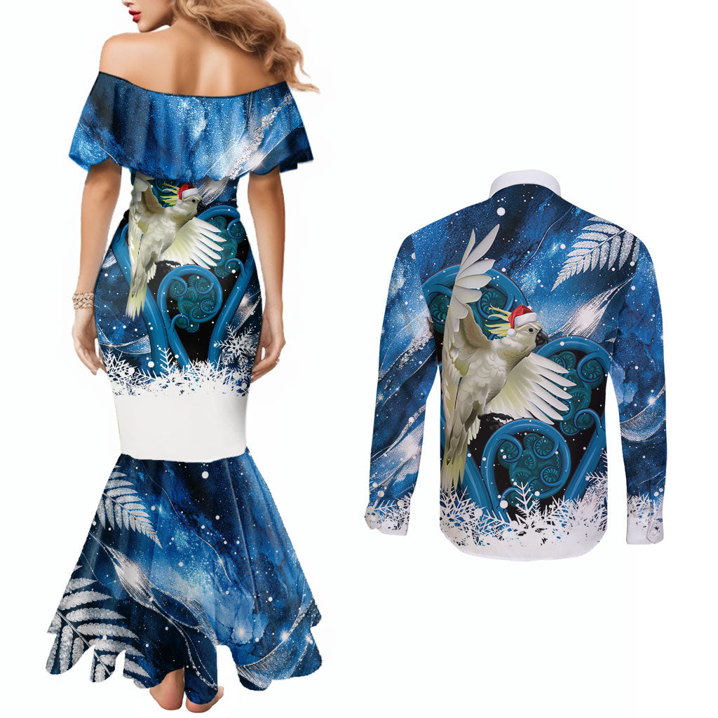 Sulphur-crested Cockatoo New Zealand Christmas In July Couples Matching Mermaid Dress and Long Sleeve Button Shirt NZ Aroha Koru Fern Marble Vibes