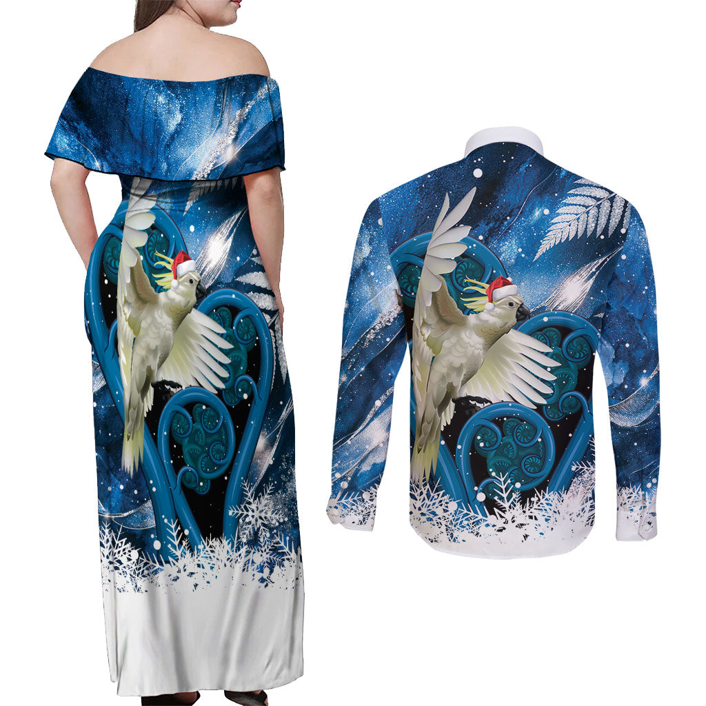Sulphur-crested Cockatoo New Zealand Christmas In July Couples Matching Off Shoulder Maxi Dress and Long Sleeve Button Shirt NZ Aroha Koru Fern Marble Vibes