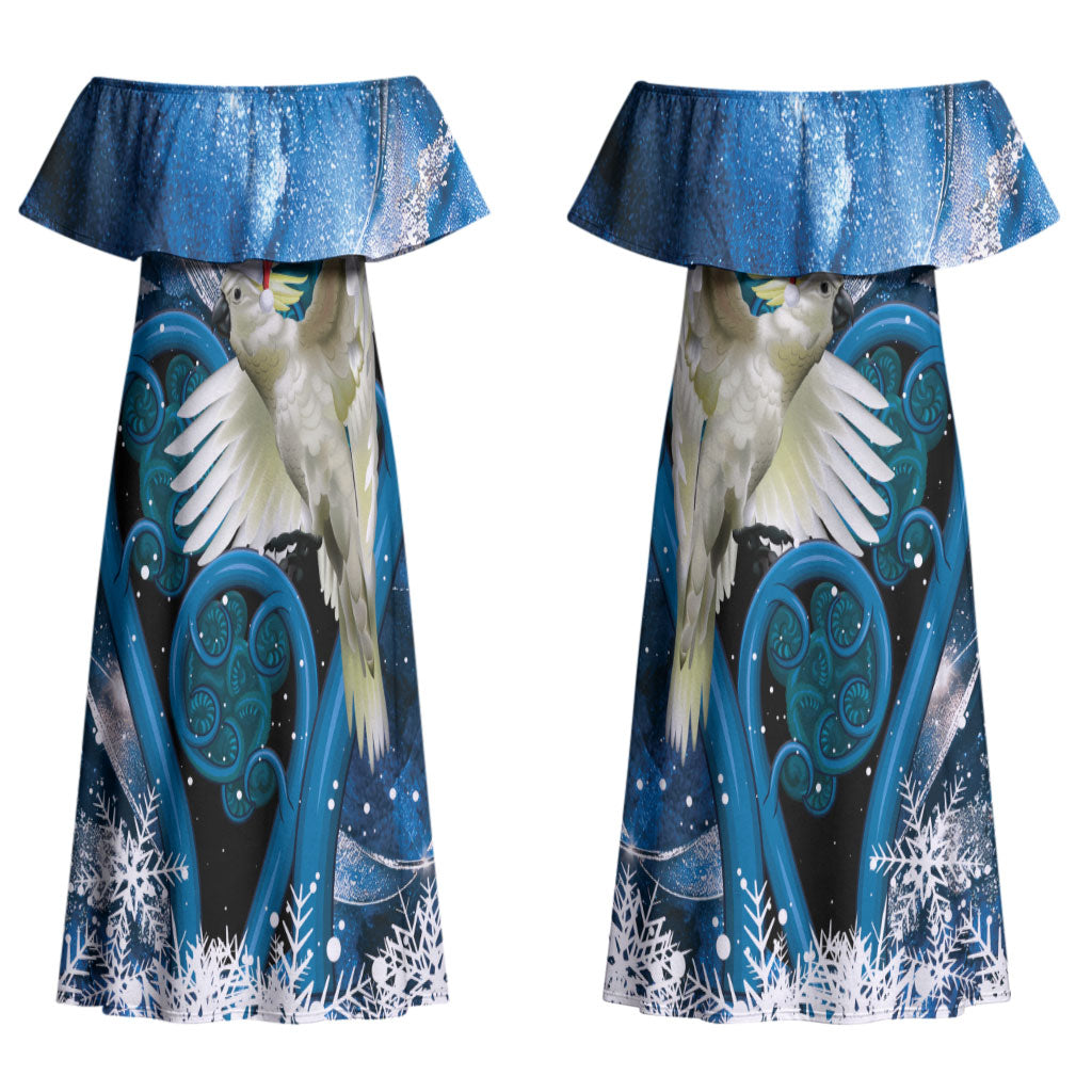 Sulphur-crested Cockatoo New Zealand Christmas In July Couples Matching Off Shoulder Maxi Dress and Long Sleeve Button Shirt NZ Aroha Koru Fern Marble Vibes LT14