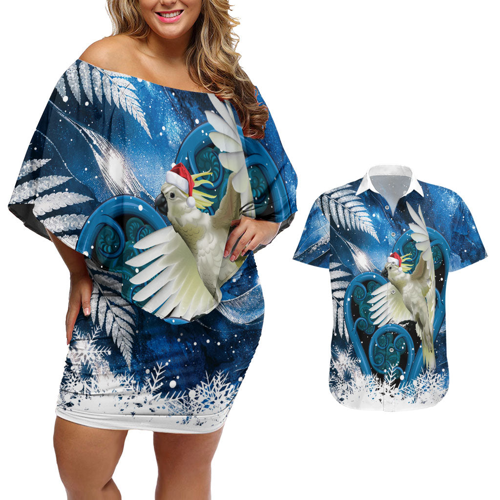 Sulphur-crested Cockatoo New Zealand Christmas In July Couples Matching Off Shoulder Short Dress and Hawaiian Shirt NZ Aroha Koru Fern Marble Vibes
