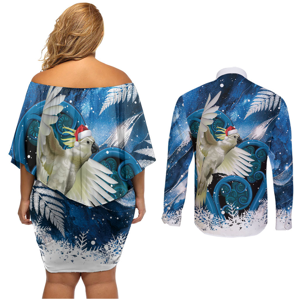 Sulphur-crested Cockatoo New Zealand Christmas In July Couples Matching Off Shoulder Short Dress and Long Sleeve Button Shirt NZ Aroha Koru Fern Marble Vibes