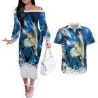 Sulphur-crested Cockatoo New Zealand Christmas In July Couples Matching Off The Shoulder Long Sleeve Dress and Hawaiian Shirt NZ Aroha Koru Fern Marble Vibes