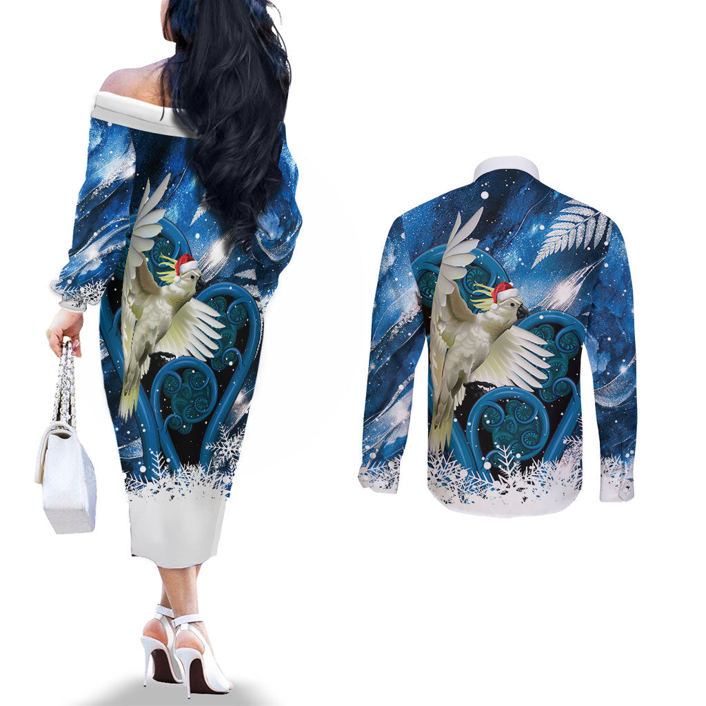 Sulphur-crested Cockatoo New Zealand Christmas In July Couples Matching Off The Shoulder Long Sleeve Dress and Long Sleeve Button Shirt NZ Aroha Koru Fern Marble Vibes